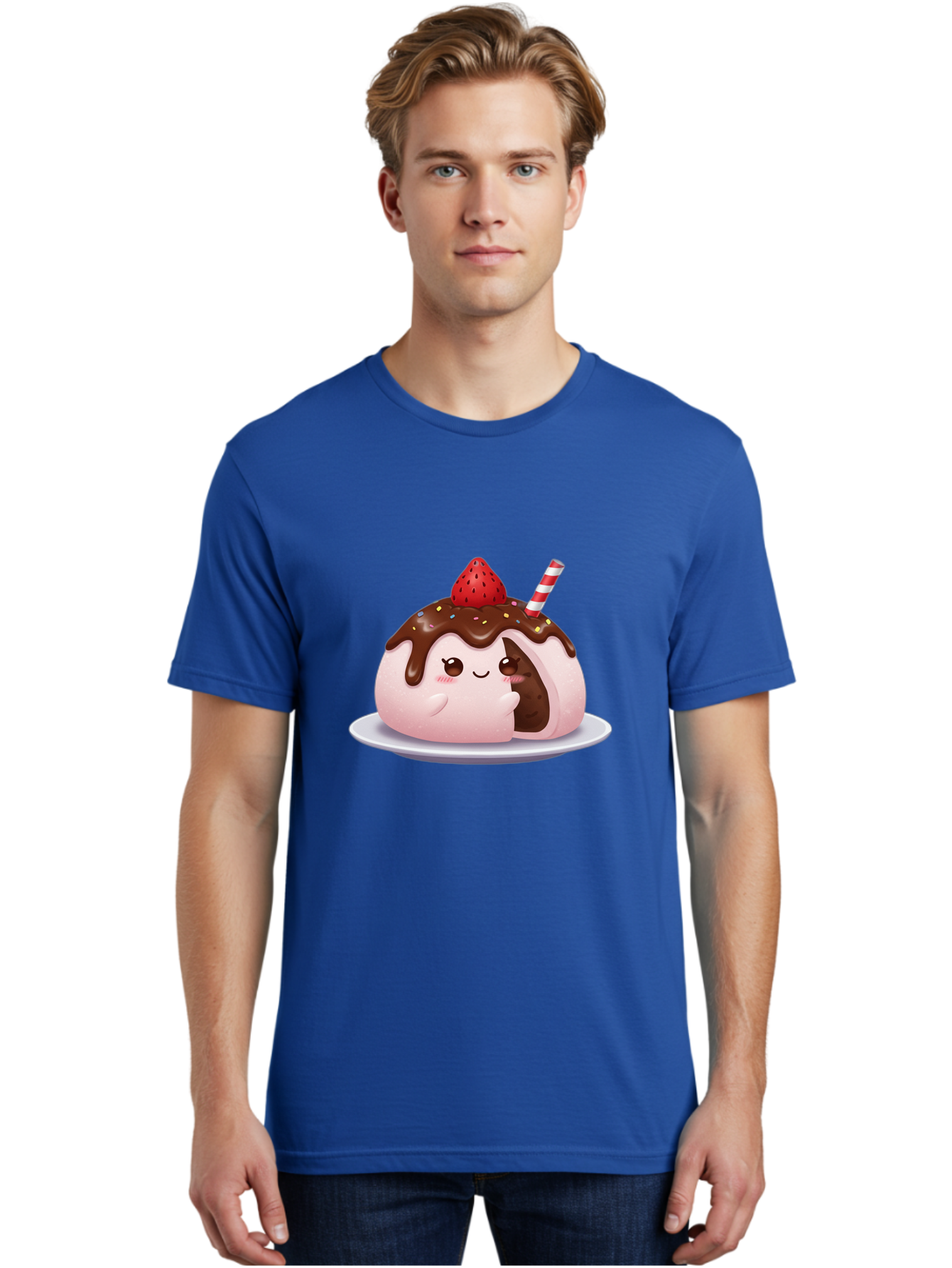 Strawberry-Donut Men'S Graphic Tee, 100% Cotton, Comfortable Casual Summer Wear, Machine Washable, Chocolate Donut, Strawberry Topping, Donut Character, Dessert, Sweet Treat, Chocolate Sauce, Sprinkles, Donut With Straw, Cute Dessert, Bac474