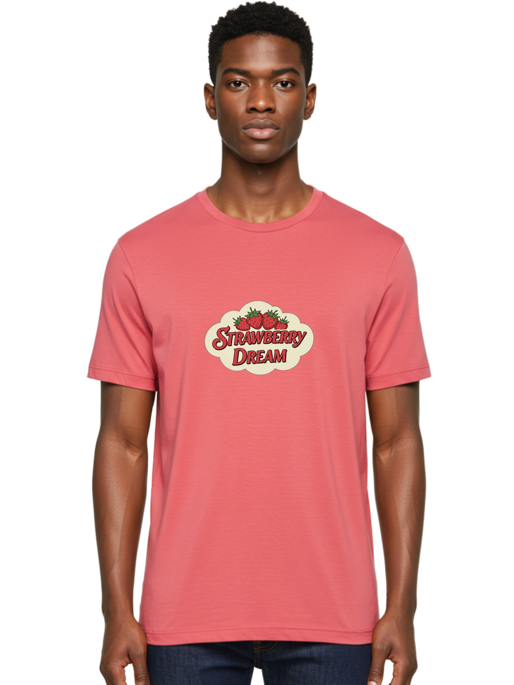 Strawberry-Dream Men'S Graphic Tee, 100% Cotton, Comfortable Casual Summer Wear, Machine Washable, Strawberry Theme, Dreamy Vibe, Red Strawberries, Sweet Treats, Fruit Logo, Cartoon Style, Whimsical Design, Vintage Feel, Summery Atmosphere, Bac475