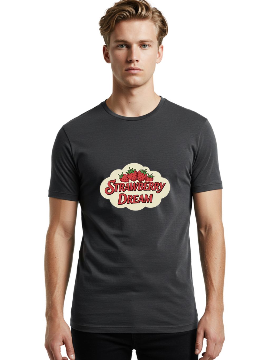 Strawberry-Dream Men'S Graphic Tee, 100% Cotton, Comfortable Casual Summer Wear, Machine Washable, Strawberry Theme, Dreamy Vibe, Red Strawberries, Sweet Treats, Fruit Logo, Cartoon Style, Whimsical Design, Vintage Feel, Summery Atmosphere, Bac475