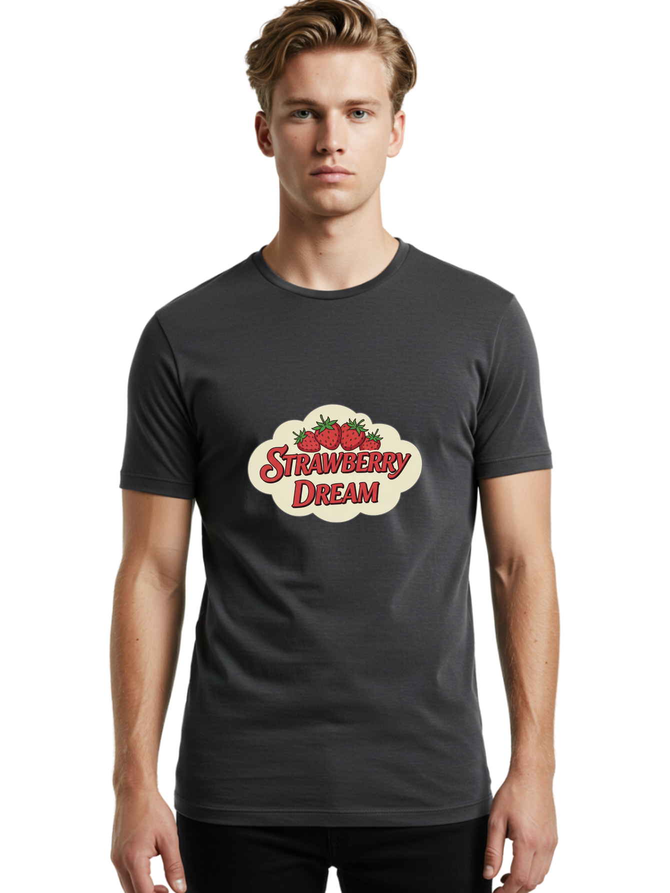 Strawberry-Dream Men'S Graphic Tee, 100% Cotton, Comfortable Casual Summer Wear, Machine Washable, Strawberry Theme, Dreamy Vibe, Red Strawberries, Sweet Treats, Fruit Logo, Cartoon Style, Whimsical Design, Vintage Feel, Summery Atmosphere, Bac475
