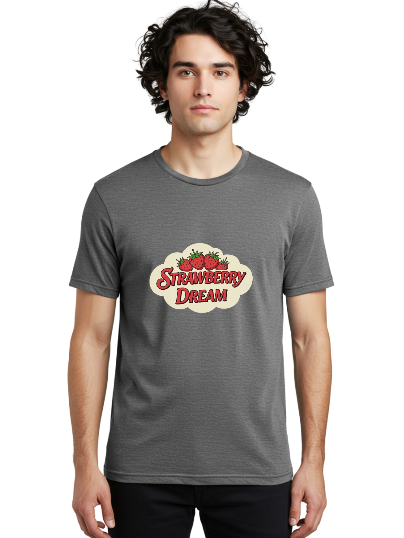 Strawberry-Dream Men'S Graphic Tee, 100% Cotton, Comfortable Casual Summer Wear, Machine Washable, Strawberry Theme, Dreamy Vibe, Red Strawberries, Sweet Treats, Fruit Logo, Cartoon Style, Whimsical Design, Vintage Feel, Summery Atmosphere, Bac475