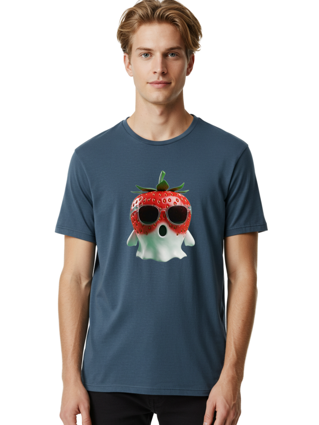 Strawberry-Ghost Men'S Graphic Tee, 100% Cotton, Comfortable Casual Summer Wear, Machine Washable, Strawberry With Sunglasses, Ghostly Figure, Cool Fruit, Summer Vibes, Quirky Design, Fun And Playful, Cartoon Character, Unique Blend, Bac476