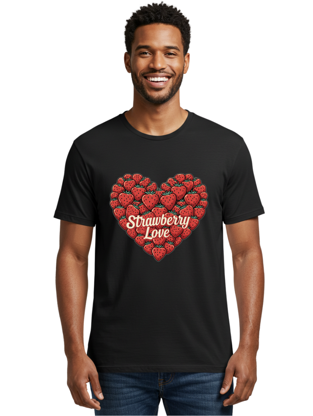 Strawberry-Love Men'S Graphic Tee, 100% Cotton, Comfortable Casual Summer Wear, Machine Washable, Strawberry Heart, Fruit Love, Red Strawberries, Sweet Treats, Tasty Fruits, Summer Fruits, Heart-Shaped Strawberries, Strawberry Graphics Bac479