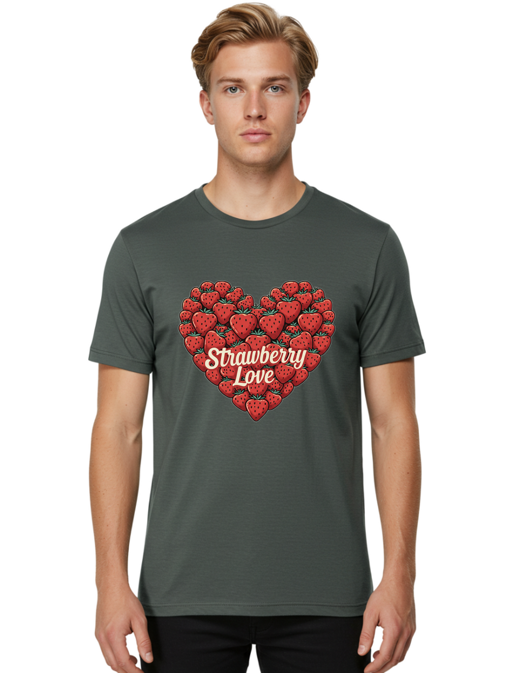 Strawberry-Love Men'S Graphic Tee, 100% Cotton, Comfortable Casual Summer Wear, Machine Washable, Strawberry Heart, Fruit Love, Red Strawberries, Sweet Treats, Tasty Fruits, Summer Fruits, Heart-Shaped Strawberries, Strawberry Graphics Bac479