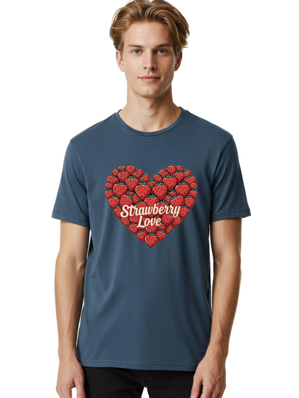 Strawberry-Love Men'S Graphic Tee, 100% Cotton, Comfortable Casual Summer Wear, Machine Washable, Strawberry Heart, Fruit Love, Red Strawberries, Sweet Treats, Tasty Fruits, Summer Fruits, Heart-Shaped Strawberries, Strawberry Graphics Bac479