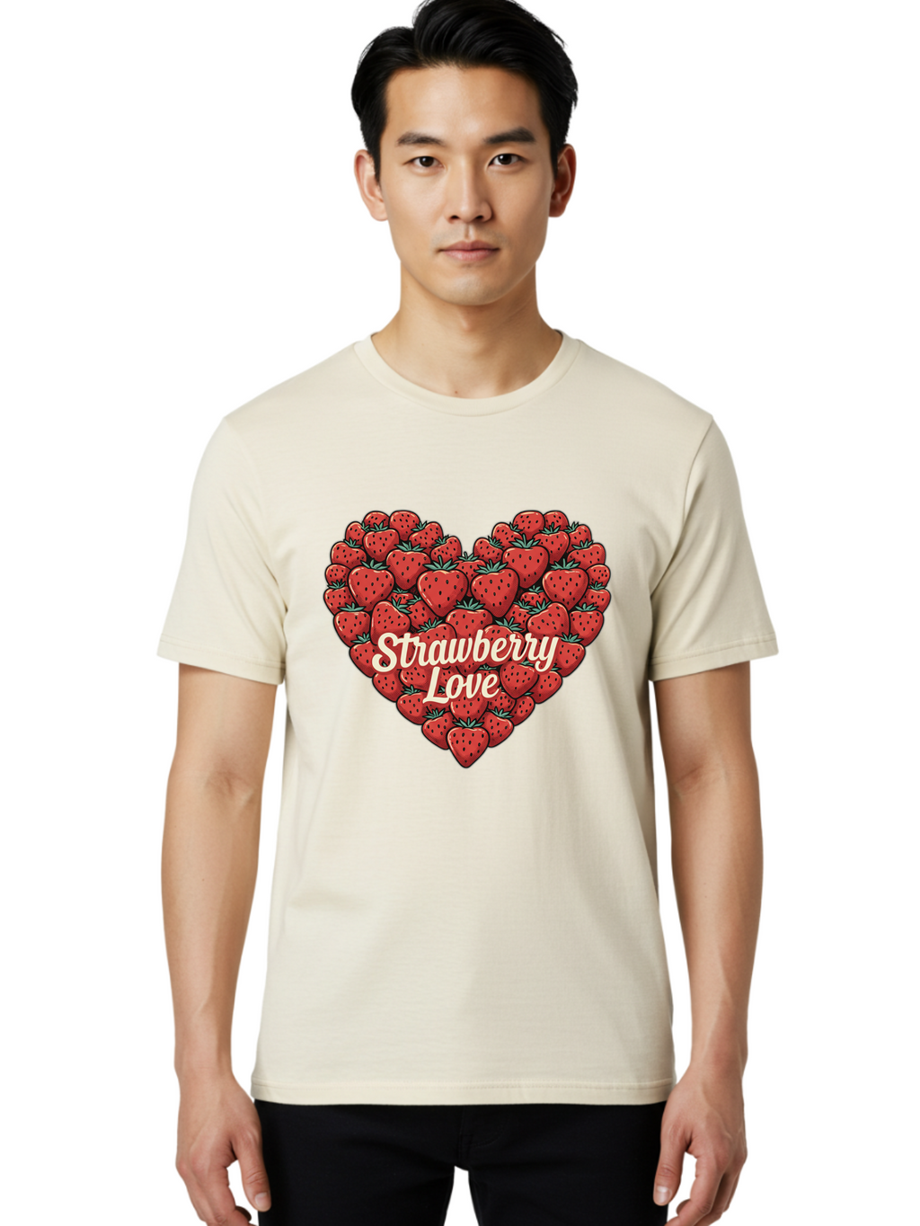 Strawberry-Love Men'S Graphic Tee, 100% Cotton, Comfortable Casual Summer Wear, Machine Washable, Strawberry Heart, Fruit Love, Red Strawberries, Sweet Treats, Tasty Fruits, Summer Fruits, Heart-Shaped Strawberries, Strawberry Graphics Bac479