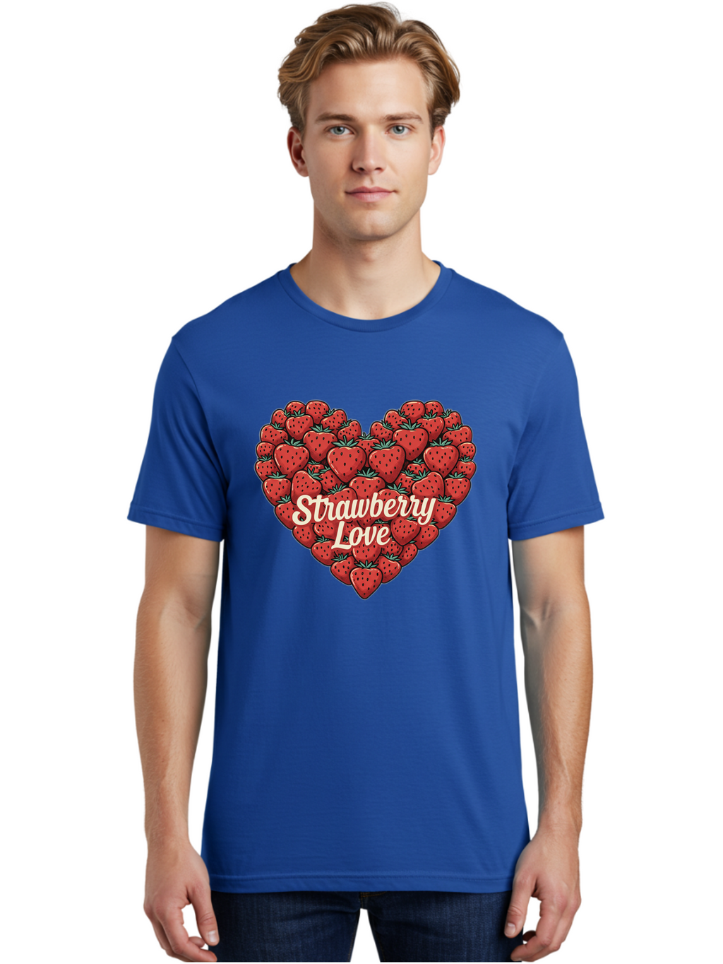 Strawberry-Love Men'S Graphic Tee, 100% Cotton, Comfortable Casual Summer Wear, Machine Washable, Strawberry Heart, Fruit Love, Red Strawberries, Sweet Treats, Tasty Fruits, Summer Fruits, Heart-Shaped Strawberries, Strawberry Graphics Bac479