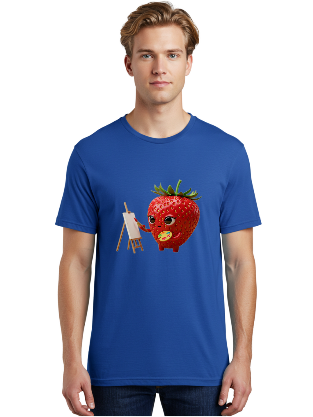 Strawberry-Painter Men'S Graphic Tee, 100% Cotton, Comfortable Casual Summer Wear, Machine Washable, Cartoon Strawberry Character, Painting On An Easel, Creative Art, Colorful Palette, Fruit Illustration, Vibrant Red Strawberry, Bac480