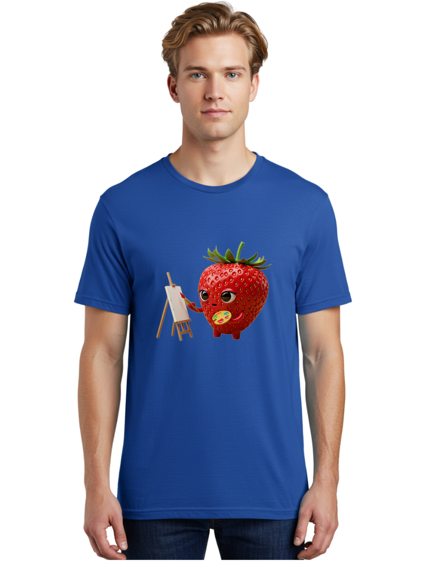 Strawberry-Painter Men'S Graphic Tee, 100% Cotton, Comfortable Casual Summer Wear, Machine Washable, Cartoon Strawberry Character, Painting On An Easel, Creative Art, Colorful Palette, Fruit Illustration, Vibrant Red Strawberry, Bac480