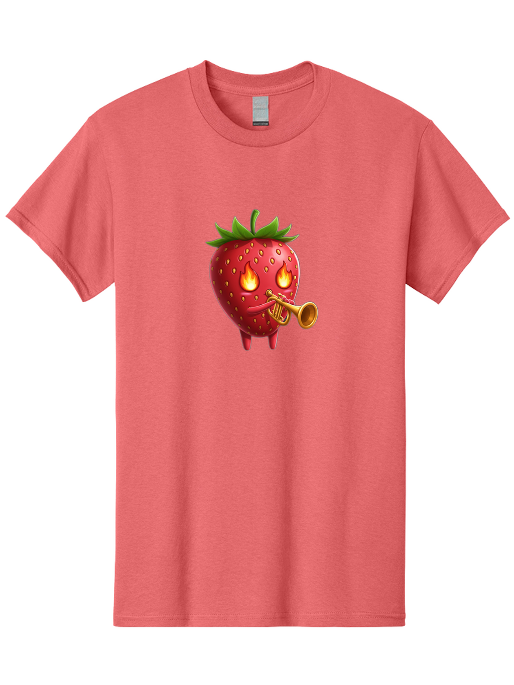 Strawberry-Playing-Trumpet Men'S Graphic Tee, 100% Cotton, Comfortable Casual Summer Wear, Machine Washable, Cartoon Strawberry, Playing Trumpet, Fire Eyes, Vibrant Red, Whimsical Character, Fun Illustration, Quirky Design, Humorous Art, Bac482