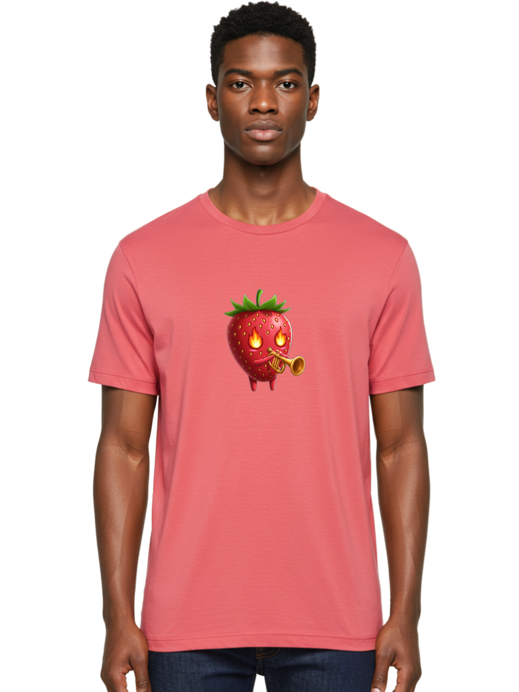 Strawberry-Playing-Trumpet Men'S Graphic Tee, 100% Cotton, Comfortable Casual Summer Wear, Machine Washable, Cartoon Strawberry, Playing Trumpet, Fire Eyes, Vibrant Red, Whimsical Character, Fun Illustration, Quirky Design, Humorous Art, Bac482