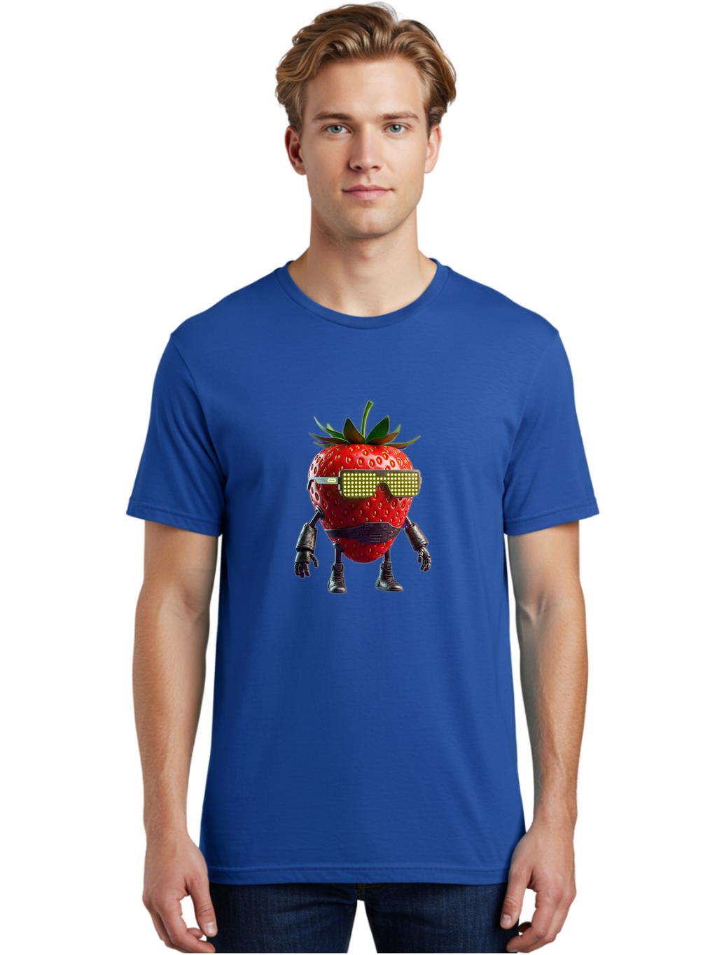 Strawberry-Robot Men'S Graphic Tee, 100% Cotton, Comfortable Casual Summer Wear, Machine Washable, Strawberry Robot, Futuristic Design, Cybernetic Enhancements, Led Glasses, Robotic Limbs, Strawberry Character, Digital Art, Bac483