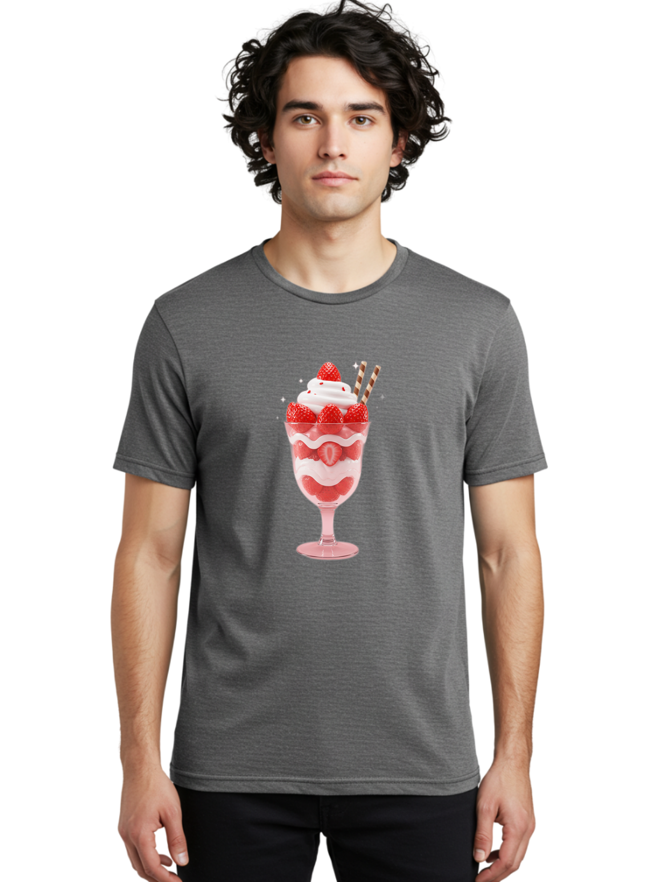 Strawberry-Sundae Men'S Graphic Tee, 100% Cotton, Comfortable Casual Summer Wear, Machine Washable, Strawberry Dessert, Sweet Treat, Layered Parfait, Whipped Cream Topping, Fresh Strawberries, Red And White Colors, Striped Straws, Bac485