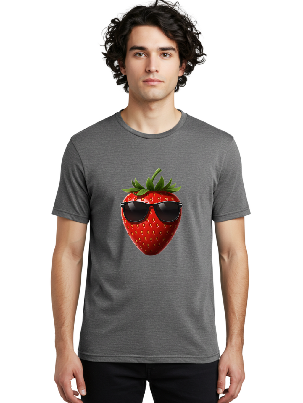 Strawberry-Sunglasses-1 Men'S Graphic Tee, 100% Cotton, Comfortable Casual Summer Wear, Machine Washable, Strawberry Wearing Sunglasses, Cool Fruit, Funny Illustration, Trendy Design, Summer Vibes, Red Strawberry, Sunglasses Style, Bac486