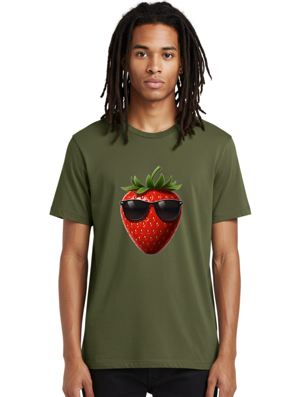 Strawberry-Sunglasses-1 Men'S Graphic Tee, 100% Cotton, Comfortable Casual Summer Wear, Machine Washable, Strawberry Wearing Sunglasses, Cool Fruit, Funny Illustration, Trendy Design, Summer Vibes, Red Strawberry, Sunglasses Style, Bac486