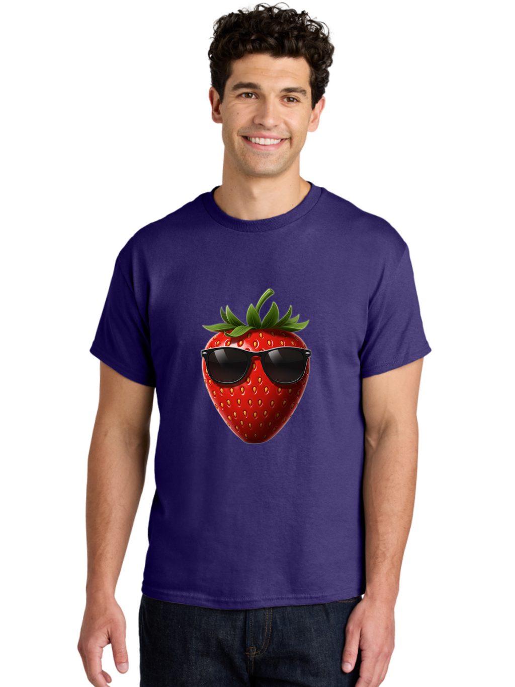 Strawberry-Sunglasses-1 Men'S Graphic Tee, 100% Cotton, Comfortable Casual Summer Wear, Machine Washable, Strawberry Wearing Sunglasses, Cool Fruit, Funny Illustration, Trendy Design, Summer Vibes, Red Strawberry, Sunglasses Style, Bac486