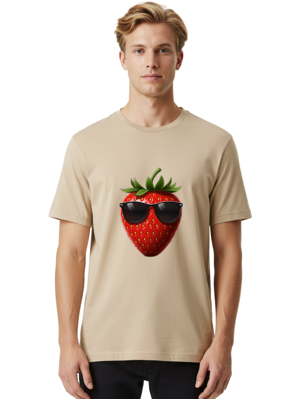 Strawberry-Sunglasses-1 Men'S Graphic Tee, 100% Cotton, Comfortable Casual Summer Wear, Machine Washable, Strawberry Wearing Sunglasses, Cool Fruit, Funny Illustration, Trendy Design, Summer Vibes, Red Strawberry, Sunglasses Style, Bac486