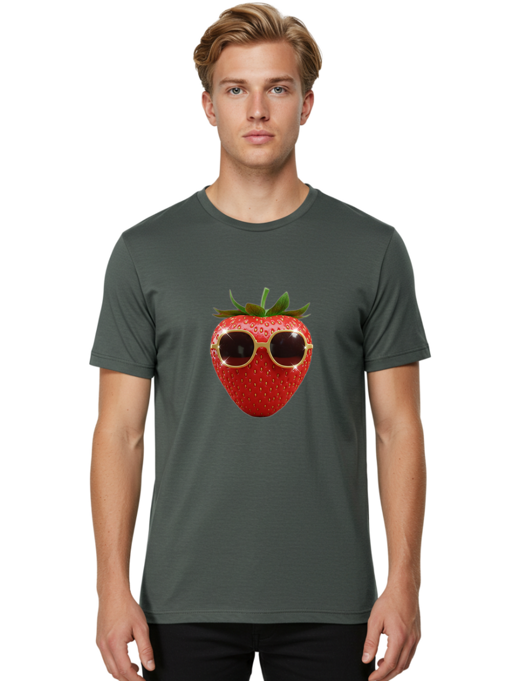 Strawberry-Sunglasses-2 Men'S Graphic Tee, 100% Cotton, Comfortable Casual Summer Wear, Machine Washable, Strawberry Wearing Sunglasses, Funny Fruit, Quirky Character, Red Strawberries, Cool Shades, Fresh Produce, Playful Vibe, Summer Fun Bac487