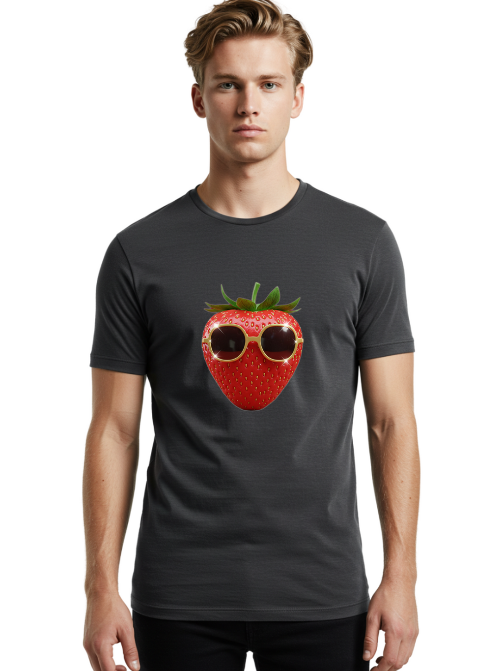 Strawberry-Sunglasses-2 Men'S Graphic Tee, 100% Cotton, Comfortable Casual Summer Wear, Machine Washable, Strawberry Wearing Sunglasses, Funny Fruit, Quirky Character, Red Strawberries, Cool Shades, Fresh Produce, Playful Vibe, Summer Fun Bac487