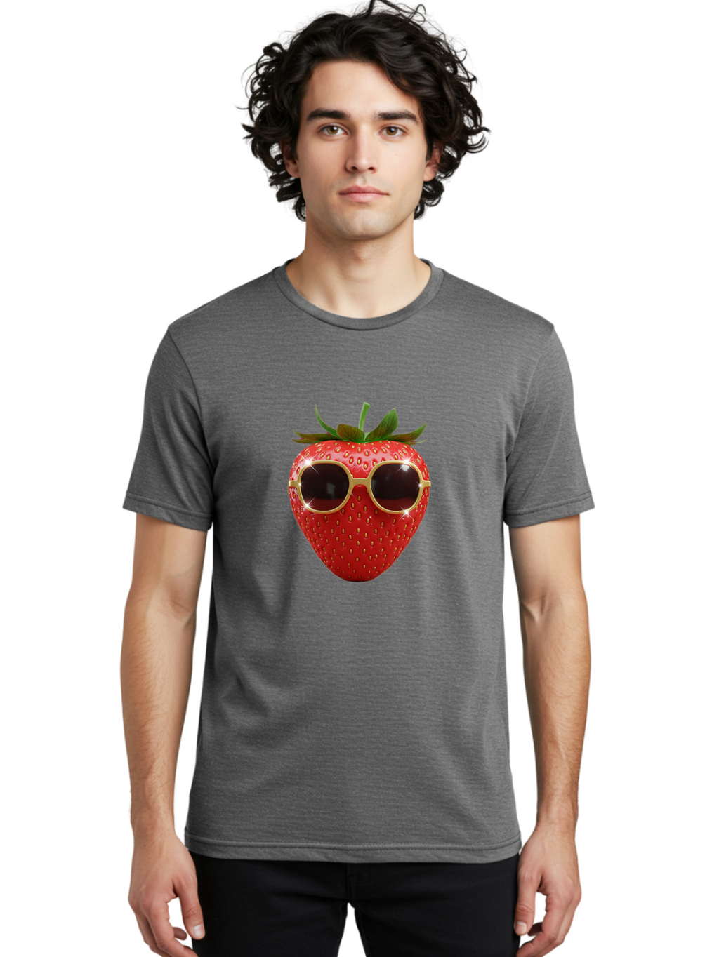 Strawberry-Sunglasses-2 Men'S Graphic Tee, 100% Cotton, Comfortable Casual Summer Wear, Machine Washable, Strawberry Wearing Sunglasses, Funny Fruit, Quirky Character, Red Strawberries, Cool Shades, Fresh Produce, Playful Vibe, Summer Fun Bac487