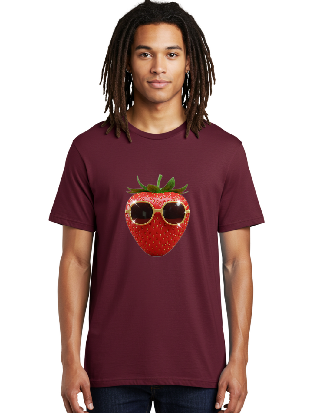 Strawberry-Sunglasses-2 Men'S Graphic Tee, 100% Cotton, Comfortable Casual Summer Wear, Machine Washable, Strawberry Wearing Sunglasses, Funny Fruit, Quirky Character, Red Strawberries, Cool Shades, Fresh Produce, Playful Vibe, Summer Fun Bac487