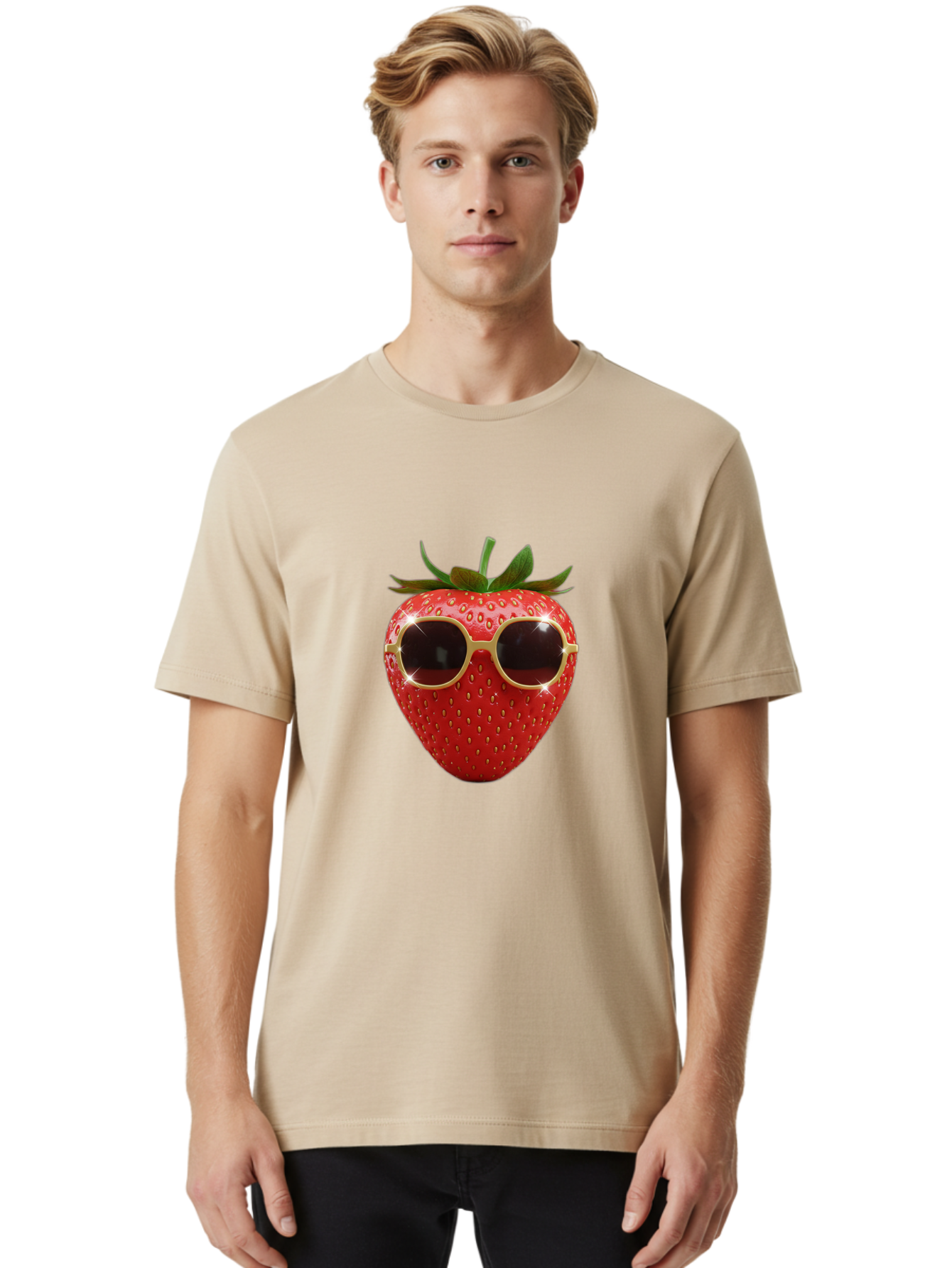 Strawberry-Sunglasses-2 Men'S Graphic Tee, 100% Cotton, Comfortable Casual Summer Wear, Machine Washable, Strawberry Wearing Sunglasses, Funny Fruit, Quirky Character, Red Strawberries, Cool Shades, Fresh Produce, Playful Vibe, Summer Fun Bac487