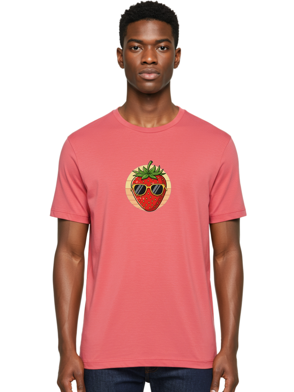Strawberry-Sunglasses-3 Men'S Graphic Tee, 100% Cotton, Comfortable Casual Summer Wear, Machine Washable, Summer Fruit, Cool Strawberry, Yellow Sunglasses, Trendy Design, Red Fruit, Green Leaves, Cartoon Character, Fun Illustration, Bac488
