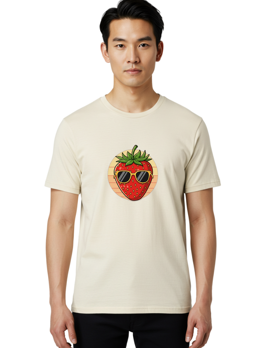 Strawberry-Sunglasses-3 Men'S Graphic Tee, 100% Cotton, Comfortable Casual Summer Wear, Machine Washable, Summer Fruit, Cool Strawberry, Yellow Sunglasses, Trendy Design, Red Fruit, Green Leaves, Cartoon Character, Fun Illustration, Bac488