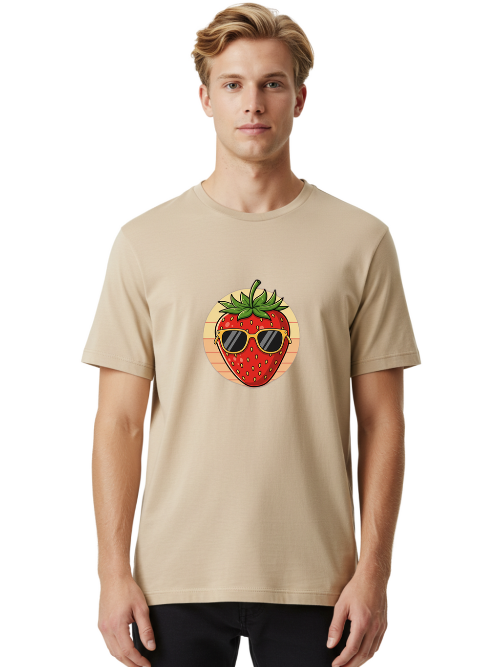 Strawberry-Sunglasses-3 Men'S Graphic Tee, 100% Cotton, Comfortable Casual Summer Wear, Machine Washable, Summer Fruit, Cool Strawberry, Yellow Sunglasses, Trendy Design, Red Fruit, Green Leaves, Cartoon Character, Fun Illustration, Bac488