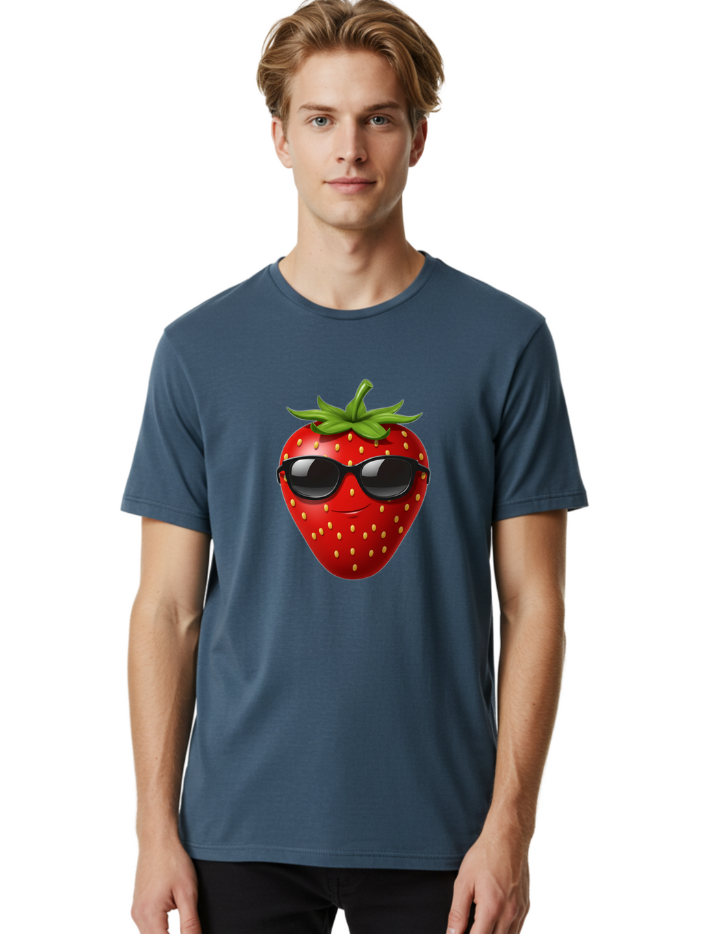 Strawberry-Sunglasses Men'S Graphic Tee, 100% Cotton, Comfortable Casual Summer Wear, Machine Washable, Strawberry Wearing Sunglasses, Cool Strawberry, Fruit Character, Smiling Face, Black Shades, Yellow Seeds, Cartoon Style, Fun Design, Bac489