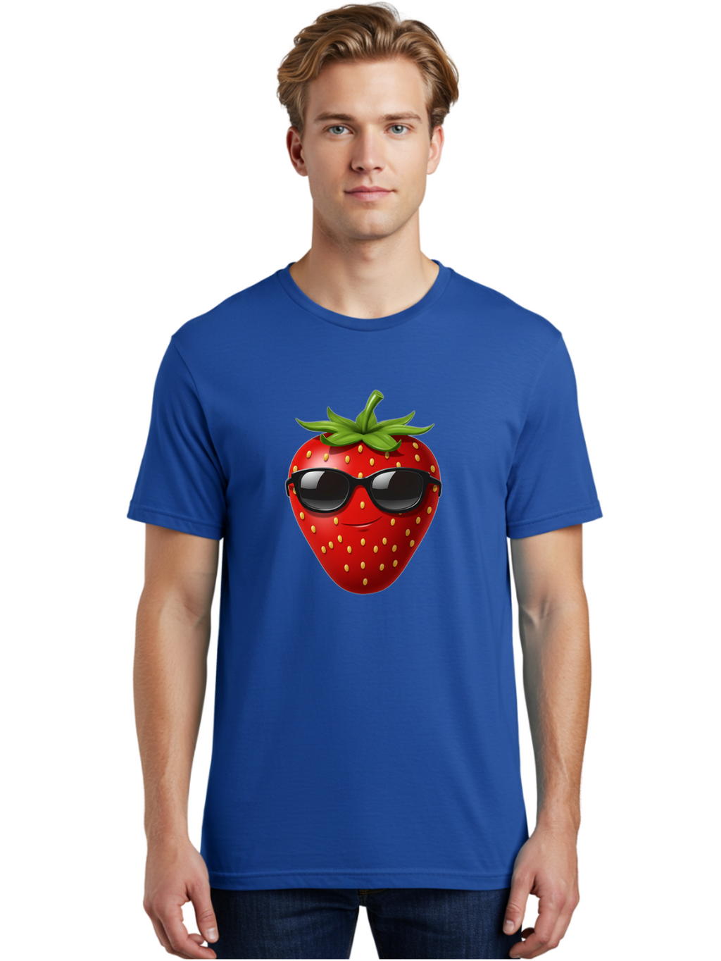Strawberry-Sunglasses Men'S Graphic Tee, 100% Cotton, Comfortable Casual Summer Wear, Machine Washable, Strawberry Wearing Sunglasses, Cool Strawberry, Fruit Character, Smiling Face, Black Shades, Yellow Seeds, Cartoon Style, Fun Design, Bac489