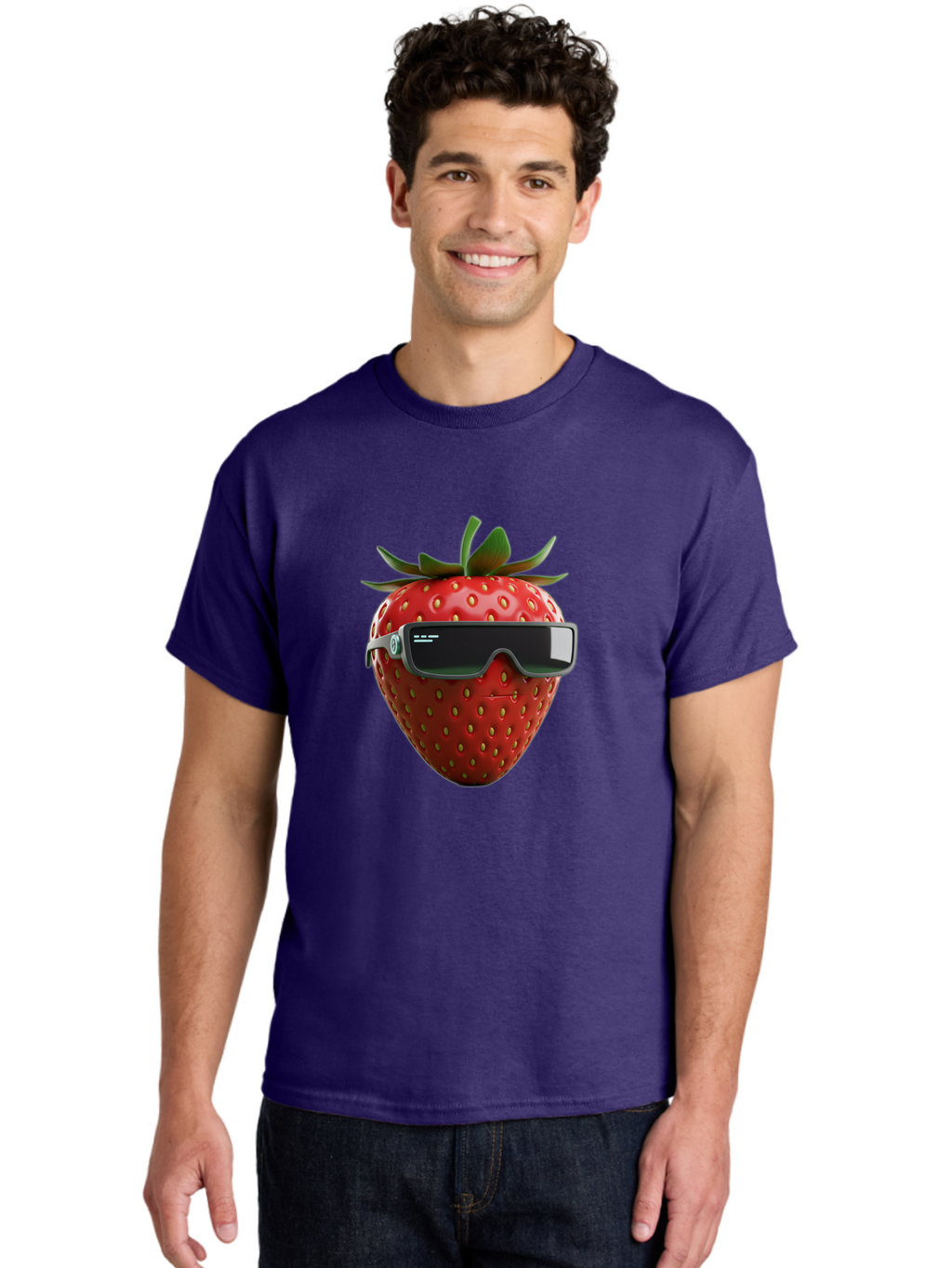 Strawberry-Virtual-Reality-Headset Men'S Graphic Tee, 100% Cotton, Comfortable Casual Summer Wear, Machine Washable, Strawberry Wearing Vr Headset, Futuristic Fruit, Virtual Reality, Augmented Reality, Tech-Savvy Strawberry, Innovative Design, Bac491