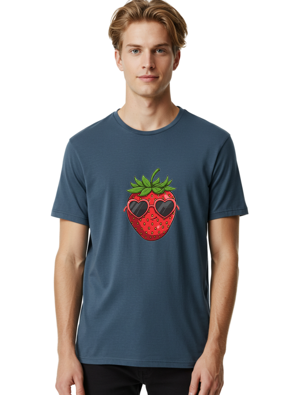 Strawberry-With-Heart-Sunglasses Men'S Graphic Tee, 100% Cotton, Comfortable Casual Summer Wear, Machine Washable, Strawberry With Sunglasses, Cool Strawberry, Heart-Shaped Shades, Trendy Fruit, Vibrant Red, Smiling Face, Summer Vibe, Bac492