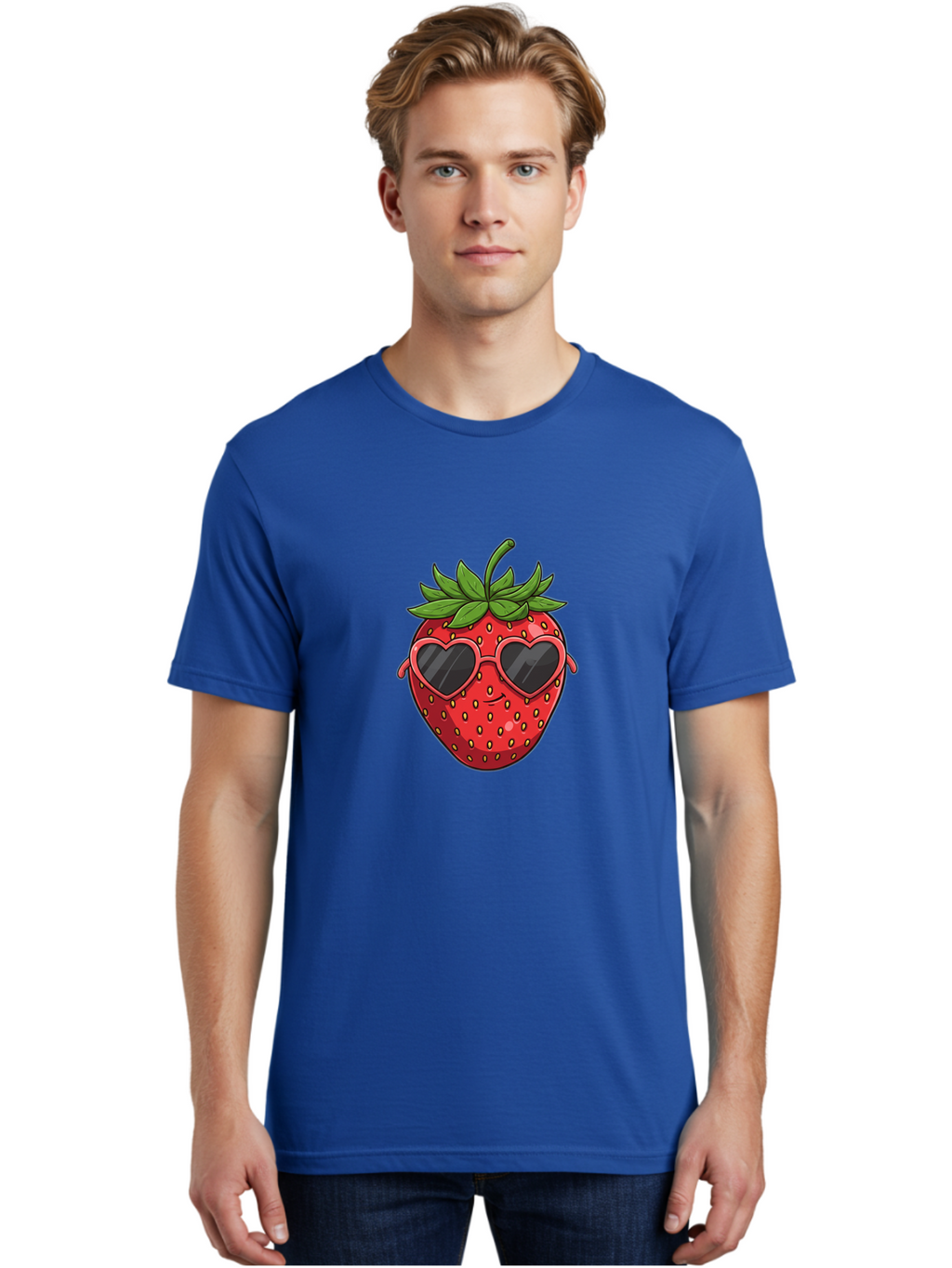Strawberry-With-Heart-Sunglasses Men'S Graphic Tee, 100% Cotton, Comfortable Casual Summer Wear, Machine Washable, Strawberry With Sunglasses, Cool Strawberry, Heart-Shaped Shades, Trendy Fruit, Vibrant Red, Smiling Face, Summer Vibe, Bac492