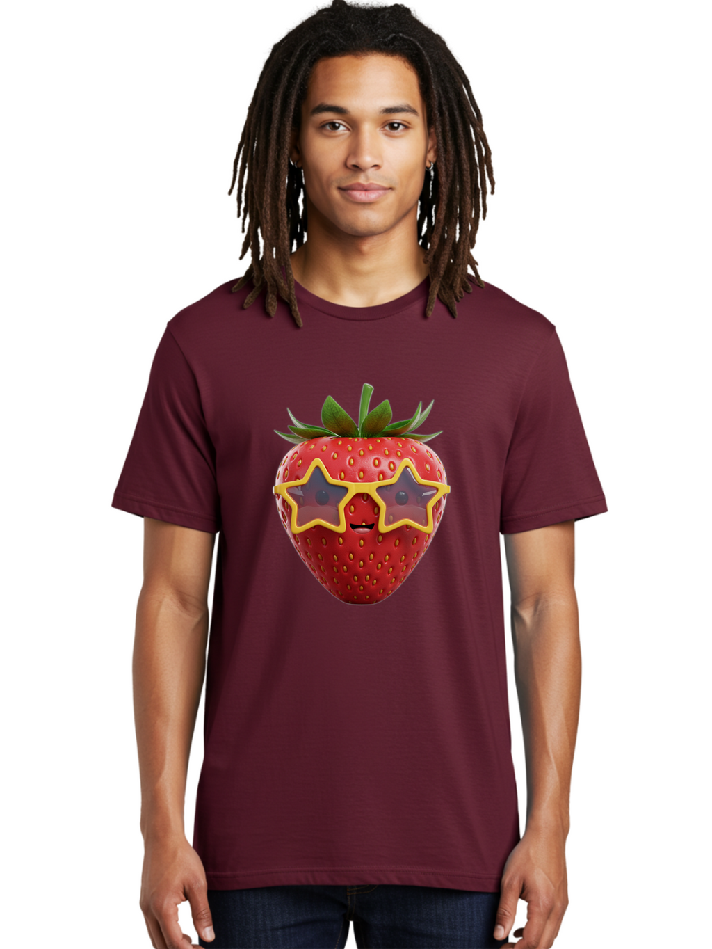 Strawberry-With-Shades Men'S Graphic Tee, 100% Cotton, Comfortable Casual Summer Wear, Machine Washable, Strawberry Wearing Sunglasses, Star-Shaped Shades, Cartoon Character, Fruit Illustration, Vibrant Red, Fun And Quirky, Playful Design, Bac493