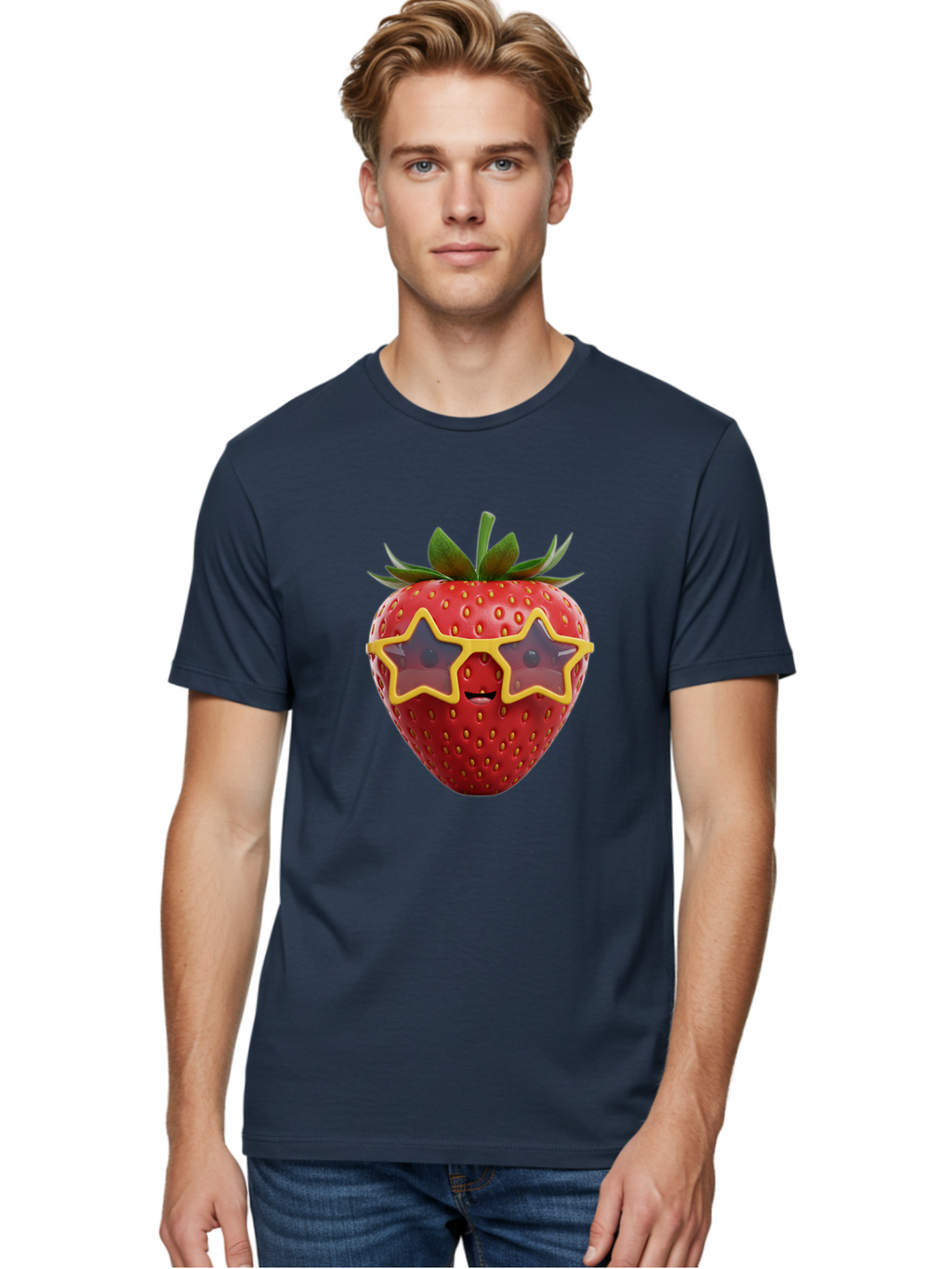 Strawberry-With-Shades Men'S Graphic Tee, 100% Cotton, Comfortable Casual Summer Wear, Machine Washable, Strawberry Wearing Sunglasses, Star-Shaped Shades, Cartoon Character, Fruit Illustration, Vibrant Red, Fun And Quirky, Playful Design, Bac493