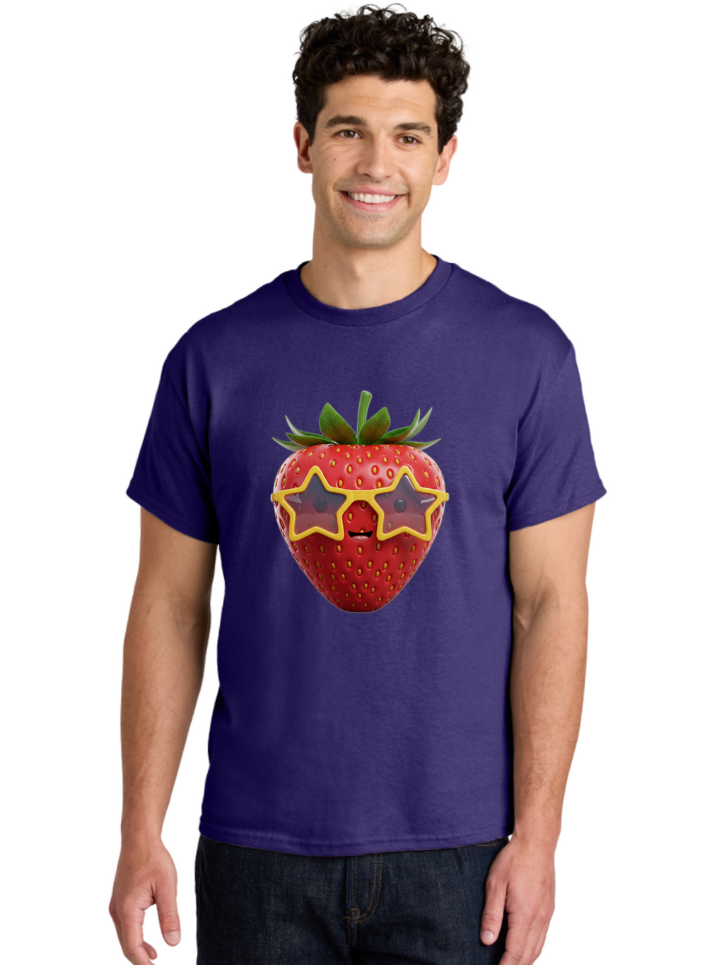 Strawberry-With-Shades Men'S Graphic Tee, 100% Cotton, Comfortable Casual Summer Wear, Machine Washable, Strawberry Wearing Sunglasses, Star-Shaped Shades, Cartoon Character, Fruit Illustration, Vibrant Red, Fun And Quirky, Playful Design, Bac493