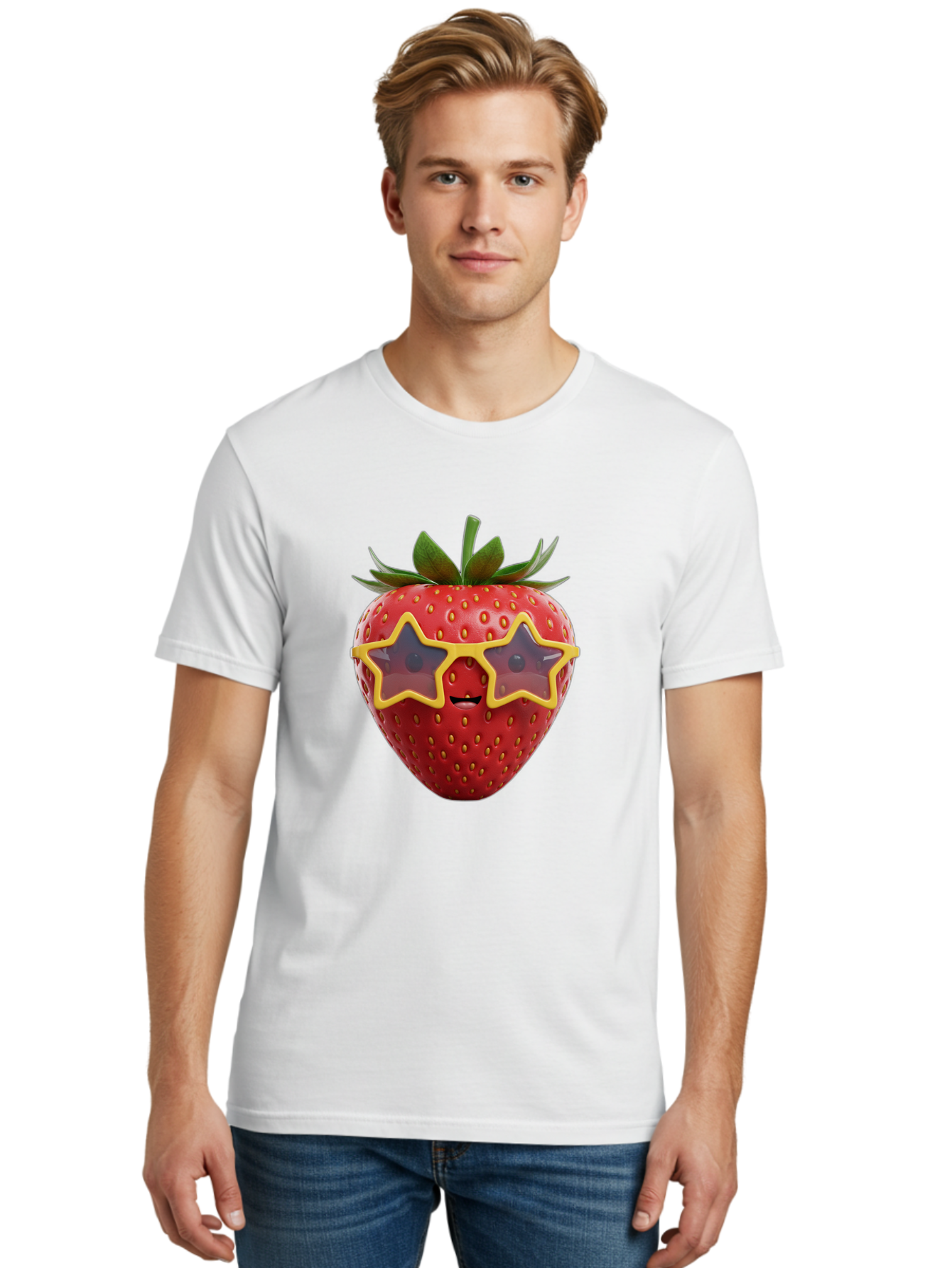 Strawberry-With-Shades Men'S Graphic Tee, 100% Cotton, Comfortable Casual Summer Wear, Machine Washable, Strawberry Wearing Sunglasses, Star-Shaped Shades, Cartoon Character, Fruit Illustration, Vibrant Red, Fun And Quirky, Playful Design, Bac493