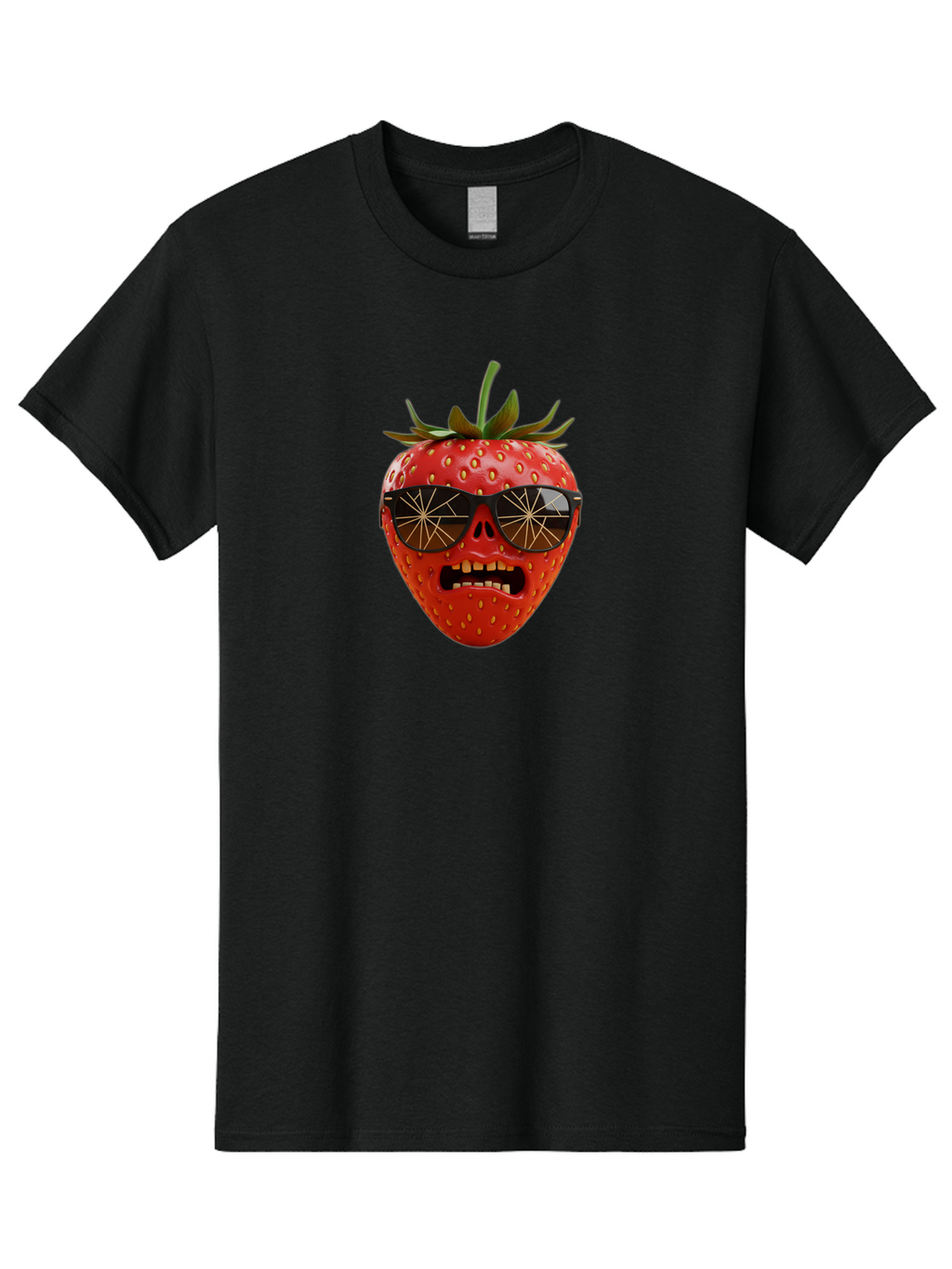 Strawberry-With-Sunglasses Men'S Graphic Tee, 100% Cotton, Comfortable Casual Summer Wear, Machine Washable, Strawberry With Sunglasses, Skull Face, Gold Teeth, Futuristic Design, Funky Fruit, Quirky Art, Pop Culture, Funny Character, Bac494