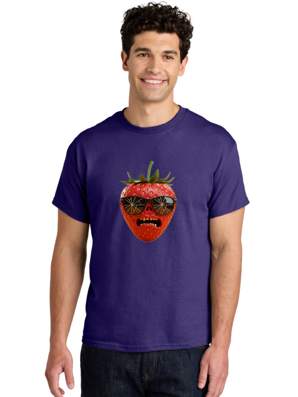 Strawberry-With-Sunglasses Men'S Graphic Tee, 100% Cotton, Comfortable Casual Summer Wear, Machine Washable, Strawberry With Sunglasses, Skull Face, Gold Teeth, Futuristic Design, Funky Fruit, Quirky Art, Pop Culture, Funny Character, Bac494