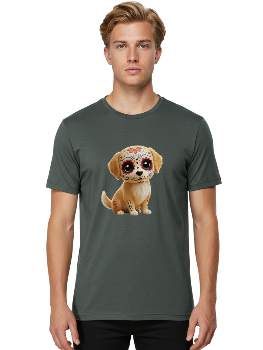 Sugar-Skull-Dog-1 Men'S Graphic Tee, 100% Cotton, Comfortable Casual Summer Wear, Machine Washable, Sugar Skull Dog, Day Of The Dead Puppy, Colorful Tattoos, Sparkly Eyes, Festive Design, Cute Animal, Decorative Art, Vibrant Patterns, Bac498