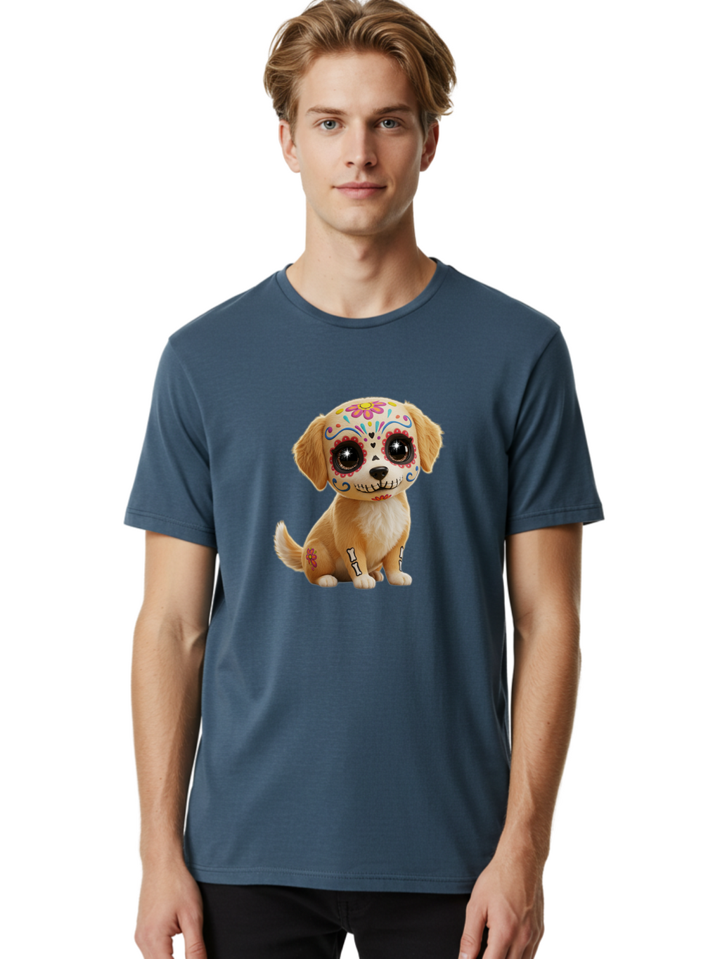 Sugar-Skull-Dog-1 Men'S Graphic Tee, 100% Cotton, Comfortable Casual Summer Wear, Machine Washable, Sugar Skull Dog, Day Of The Dead Puppy, Colorful Tattoos, Sparkly Eyes, Festive Design, Cute Animal, Decorative Art, Vibrant Patterns, Bac498