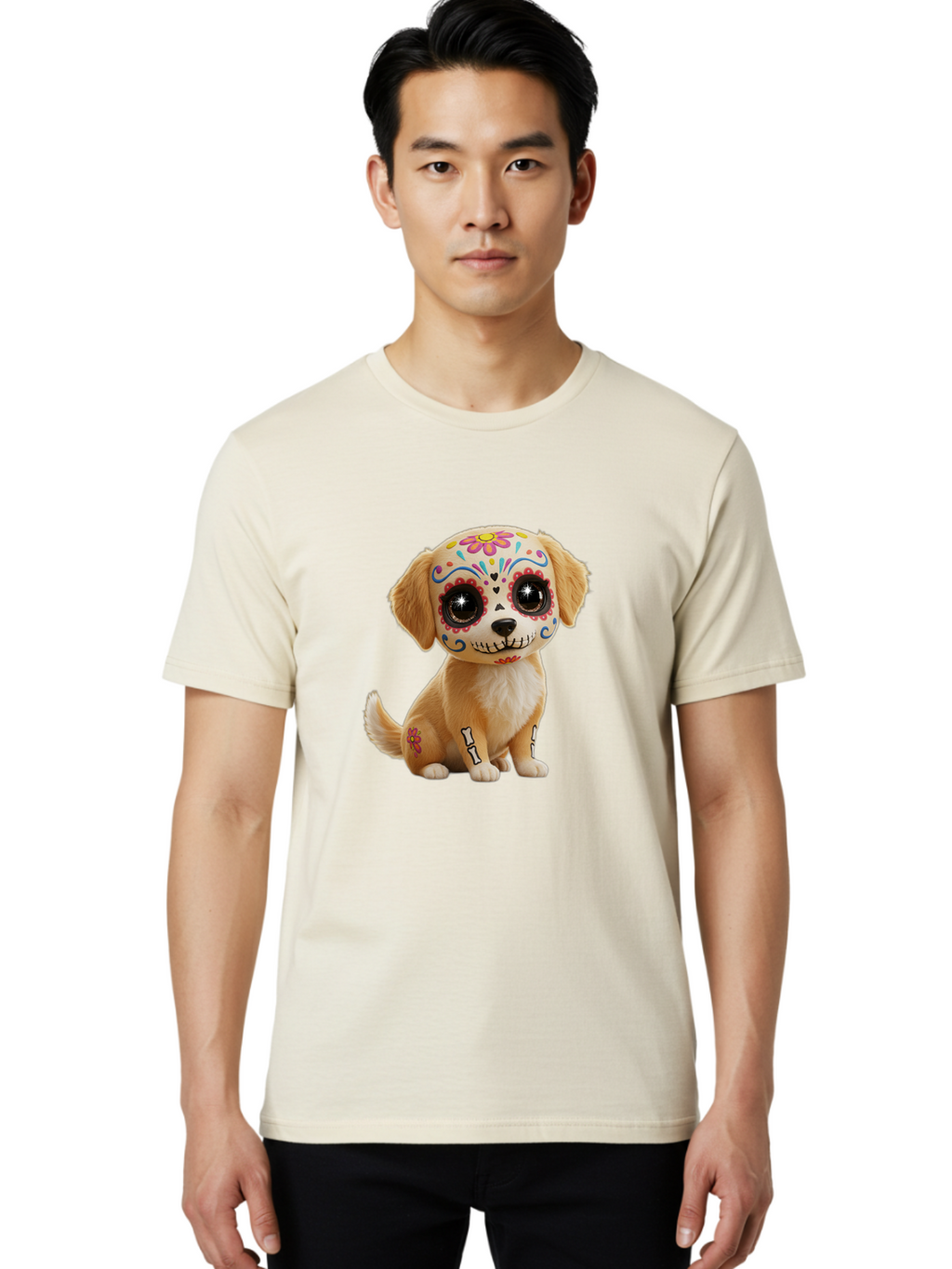 Sugar-Skull-Dog-1 Men'S Graphic Tee, 100% Cotton, Comfortable Casual Summer Wear, Machine Washable, Sugar Skull Dog, Day Of The Dead Puppy, Colorful Tattoos, Sparkly Eyes, Festive Design, Cute Animal, Decorative Art, Vibrant Patterns, Bac498