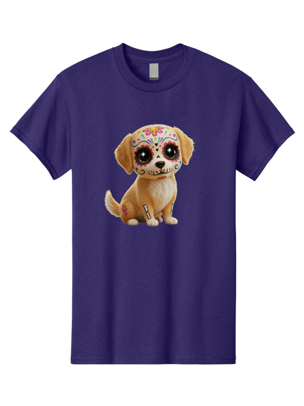 Sugar-Skull-Dog-1 Men'S Graphic Tee, 100% Cotton, Comfortable Casual Summer Wear, Machine Washable, Sugar Skull Dog, Day Of The Dead Puppy, Colorful Tattoos, Sparkly Eyes, Festive Design, Cute Animal, Decorative Art, Vibrant Patterns, Bac498