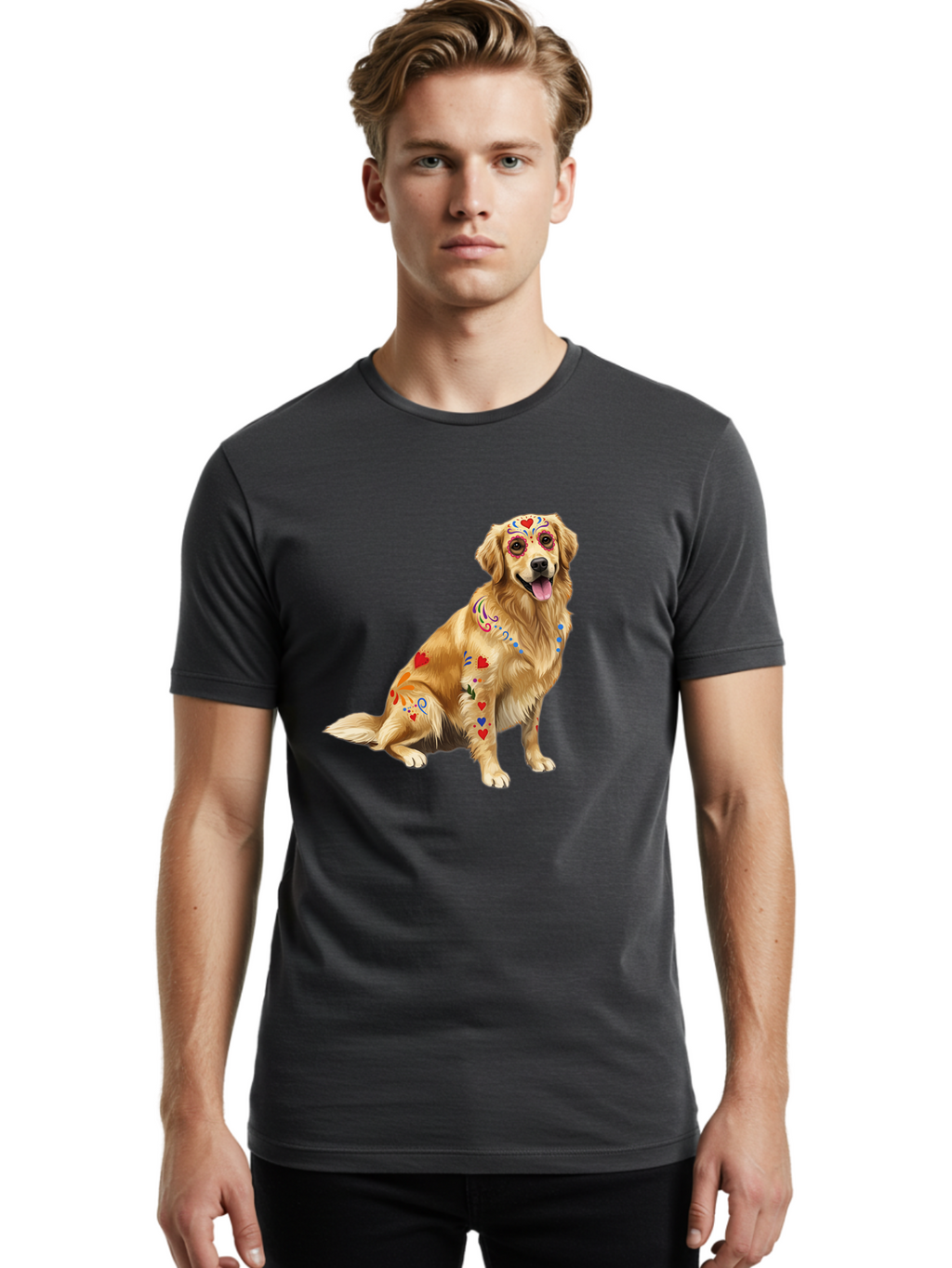 Sugar-Skull-Dog Men'S Graphic Tee, 100% Cotton, Comfortable Casual Summer Wear, Machine Washable, Golden Retriever, Sugar Skull Design, Colorful Tattoos, Heart Patterns, Festive Decoration, Dia De Los Muertos, Vibrant Artwork, Dog Portrait, Bac499