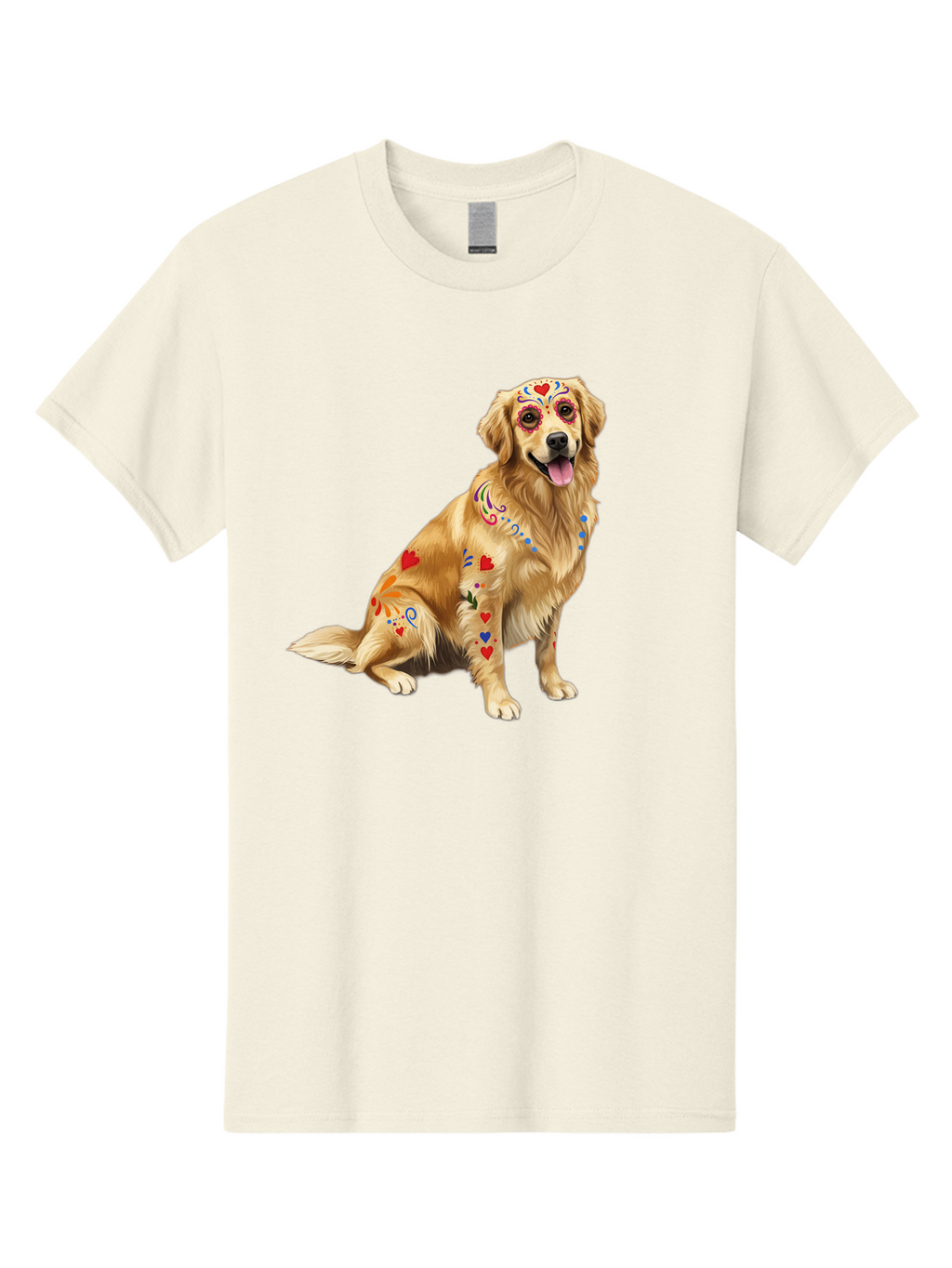 Sugar-Skull-Dog Men'S Graphic Tee, 100% Cotton, Comfortable Casual Summer Wear, Machine Washable, Golden Retriever, Sugar Skull Design, Colorful Tattoos, Heart Patterns, Festive Decoration, Dia De Los Muertos, Vibrant Artwork, Dog Portrait, Bac499