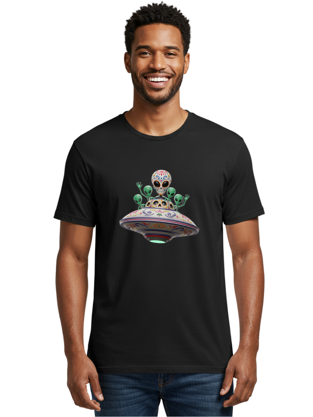 Sugar-Skulls-Ufo Men'S Graphic Tee, 100% Cotton, Comfortable Casual Summer Wear, Machine Washable, Sugar Skull, Aliens, Ufo, Day Of The Dead, Colorful Design, Whimsical Art, Mystical Creatures, Symbolic Representation, Fantasy, Bac500