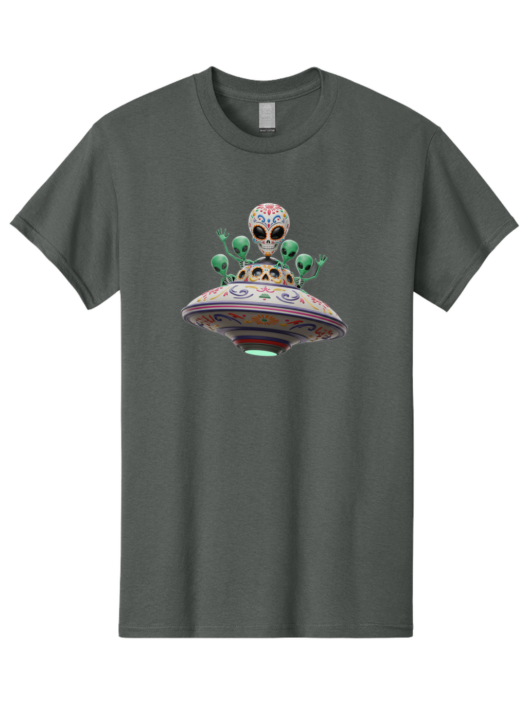 Sugar-Skulls-Ufo Men'S Graphic Tee, 100% Cotton, Comfortable Casual Summer Wear, Machine Washable, Sugar Skull, Aliens, Ufo, Day Of The Dead, Colorful Design, Whimsical Art, Mystical Creatures, Symbolic Representation, Fantasy, Bac500