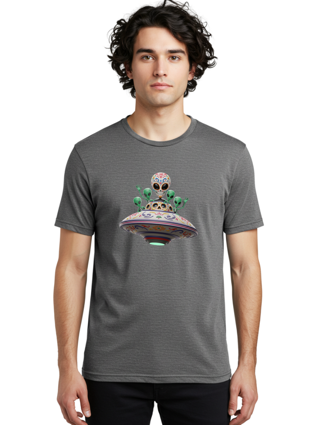 Sugar-Skulls-Ufo Men'S Graphic Tee, 100% Cotton, Comfortable Casual Summer Wear, Machine Washable, Sugar Skull, Aliens, Ufo, Day Of The Dead, Colorful Design, Whimsical Art, Mystical Creatures, Symbolic Representation, Fantasy, Bac500