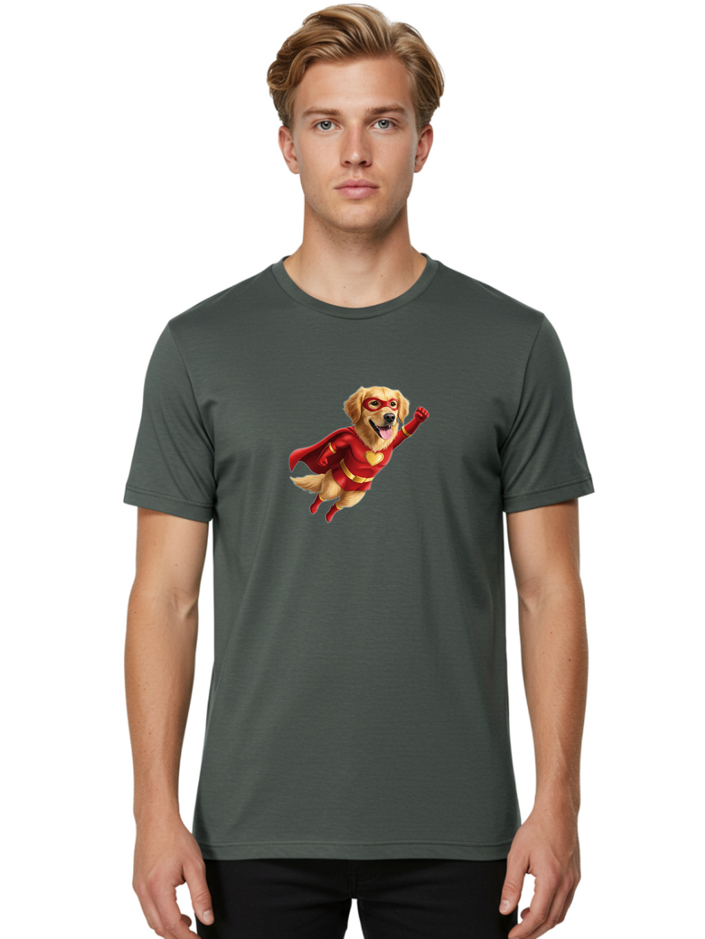 Super-Dog Men'S Graphic Tee, 100% Cotton, Comfortable Casual Summer Wear, Machine Washable, Cartoon Dog In Red Superhero Costume, Flying Dog, Golden Retriever, Superhero Cape, Red Mask, Yellow Belt, Cartoon Character, Dog Hero, Superpowers Bac501